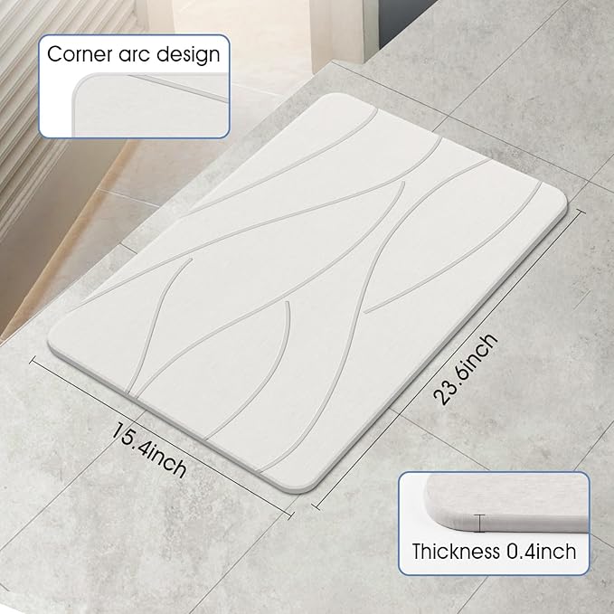 Veeloim Stone Bath Mat Diatomaceous Earth Shower Mat Non-Slip Super Absorbent Diatomite Stone Bath Mats for Bathroom Floor Quick Drying Natural Easy to Clean(23.6''×15.4" White)