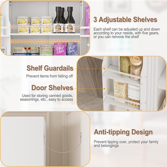 GAIOUS Metal Kitchen Pantry Cabinet, Food Storage Cabinets White Cupboard | Storage Cabinet with 2 Door and 3 Adjustable Shelves, Freestanding Steel Sideboard, with Door Shelf, for Kitchen Dinning Room