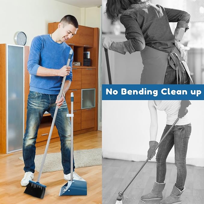 TreeLen Standing Dustpan and Broom Set with 52 Inch Long Extendable Handle for Cleaning Home, Interiors, Kitchens, Office Lobby Floors, Blue
