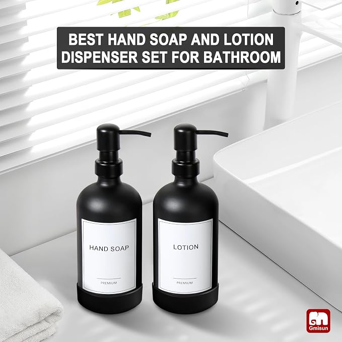 GMISUN Black Soap Dispenser with Silicone Sleeve Boot, 2 Pack Glass Bathroom Hand Soap Dispensers with Stainless Steel Pump, 17 Fl Oz Kitchen Hand and Dish Soap Dispenser Set, Liquid Dispensers Bottle