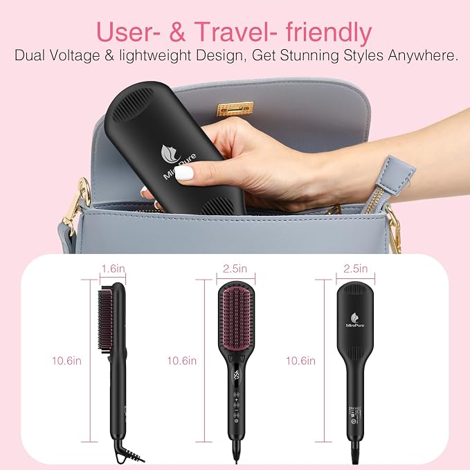 Enhanced Ceramic Hair Straightener Brush by MiroPure, 2-in-1 Ionic Straightening Brush with Anti-Scald Feature, Auto Temperature Lock & Auto-Off Function (Black)