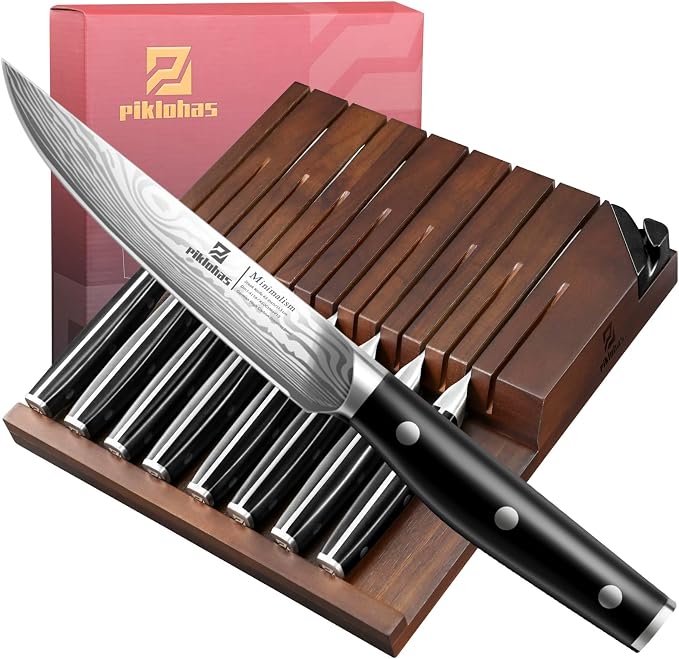 Steak Knives Set of 8 with Drawer Organizer Built-in Sharpener, 4.6 Inch Non Serrated Dinner Knife, Forged German Steel Damascus Pattern Straight Edge Meat Knife with Full Tang Handle, Black | 4.6 Inch Non Serrated Dinner Knife, Forged German Steel Dam...