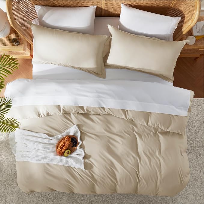 Nestl Beige Cream Duvet Cover Full Size - Soft Double Brushed Full Size Duvet Cover Set, 3 Piece, with Button Closure, 1 Duvet Cover 80x90 inches and 2 Pillow Shams