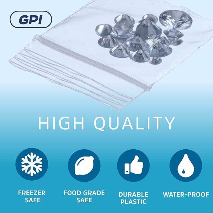 GPI - 1000 Count, 1.5" x 1.5" Clear Plastic Reclosable Zip Bags, 2.5 Mil Thick, Strong & Durable Poly Baggies with Resealable Zip Top Lock for Travel, Storage, Packaging & Shipping