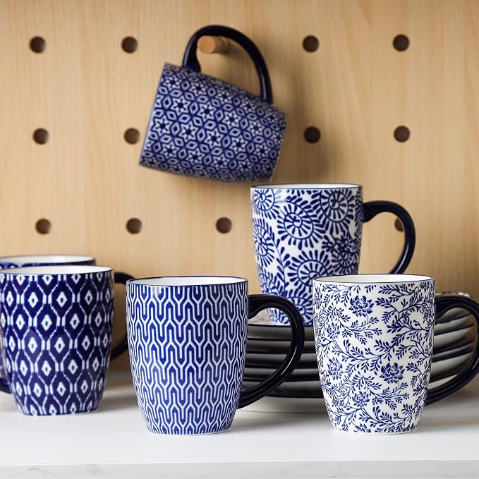 Selamica Ceramic Coffee Mugs Set of 4 with Handle, 16 OZ Large Coffee Cups for Cappuccino, Tea, Mocha, Cocoa, Dishwasher Microwave Safe, Vintage Blue