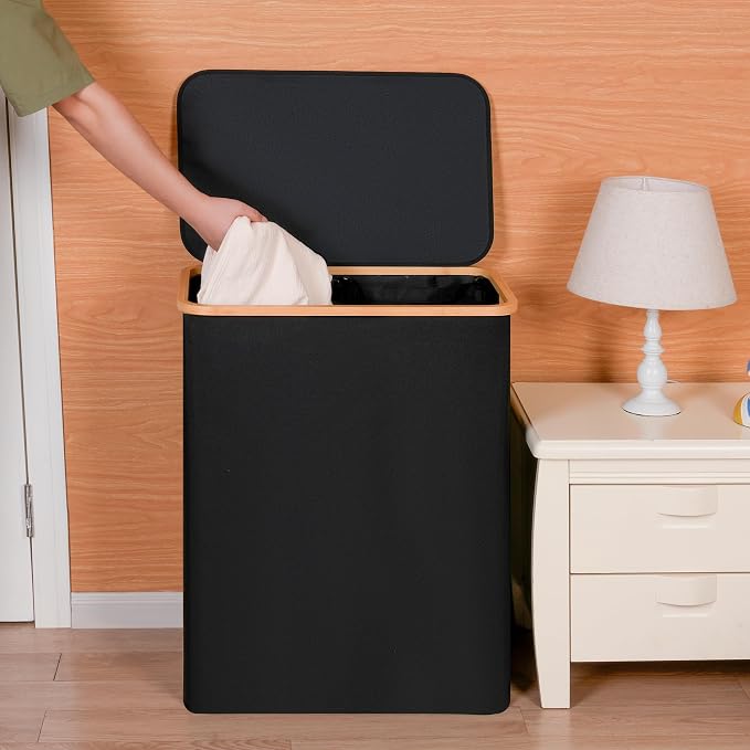 efluky Double Laundry Hamper with Lid, Divided Laundry Hamper with Removable Bags, 2 Section Dirty Clothes Basket with Handles for Bathroom, Bedroom & Laundry Room, 160L Black