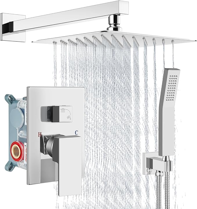 Aolemi Shower Faucet Set Rain Shower System with Handheld Spray Bathroom Shower Combo Rough-in Valve and Shower Trim Kit Included Polish Chrom 10 Inch Wall Mount Shower Head