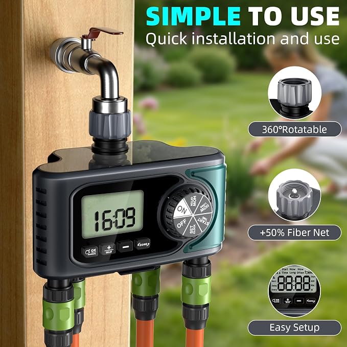 Sprinkler Timer 4 Zone, Programmable Water Timer for Garden Hose with Rain Delay, Manual and Automatic Irrigation Controller System, 4 Outlets Timed Irrigation Controller System for Lawn
