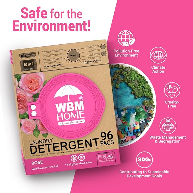 WBM Home 10-in-1 Laundry Pods, Total 96 Count, Ultra Concentrate with Powerful Stain Lifter Technology, Fabric Softener With Rose Extracts, Detergent Pods