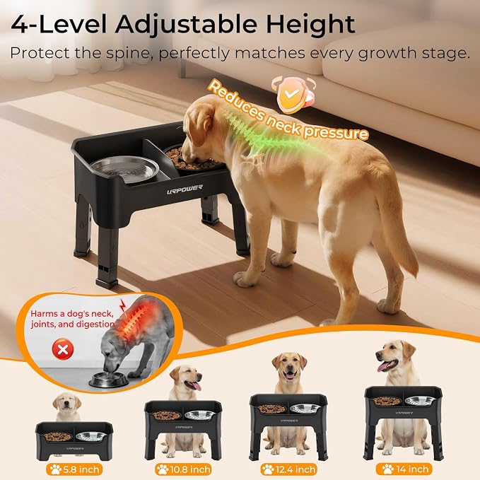URPOWER Mess Proof Elevated Dog Bowls, Slow Feeder with Splash Guard | No Spill Water Bowl, Slow Feeder Dog Bowls, Non-Slip Food and Water Bowl Set for Small, Medium & Large Dogs