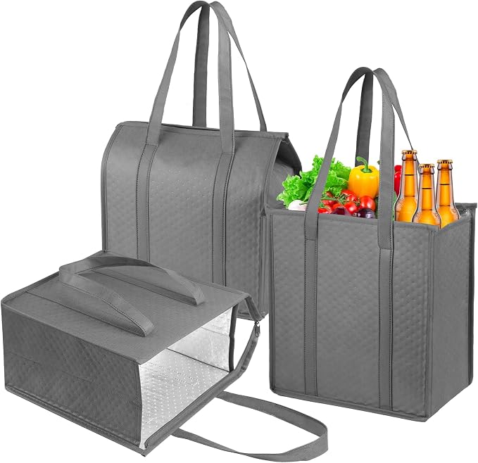 18L Insulated Grocery Bags, Zippered Top 3PCS Reinforced Handles | 12×7×13", reusable thermal lining, keeps food warm & cold, suitable for travel, picnic, camping, beach, shopping