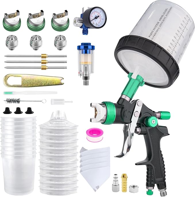 HVLP Air Spray Gun Kit Includes 10 Disposable 650ml Paint Cups with 1.4/1.7/2.0mm Nozzles. The Automotive Paint Spray Gun can be Used for Primer, Clear Topcoat Application (Green)