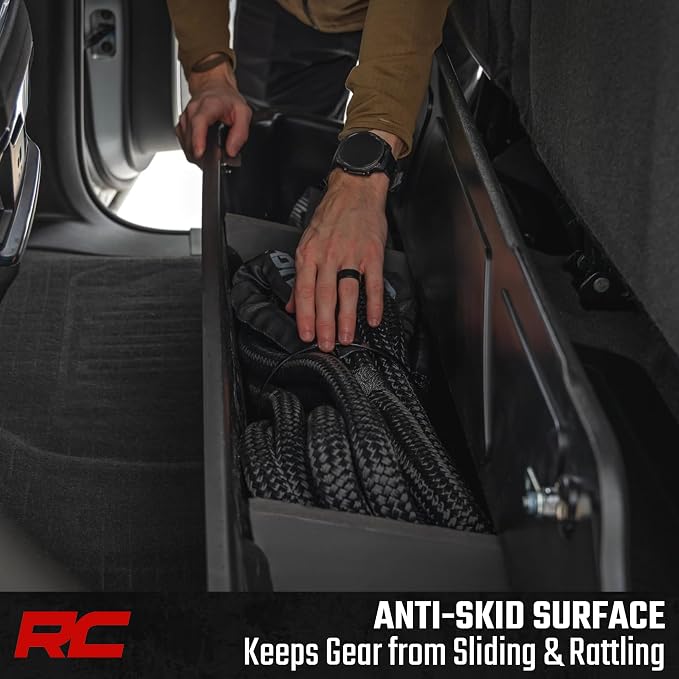 Rough Country Under Seat Storage for Chevy Silverado & GMC Sierra 1500/2500HD/3500HD Double Cab (2019-2026) - Custom Rear Under Seat Organizer Tray with Lockable Lid