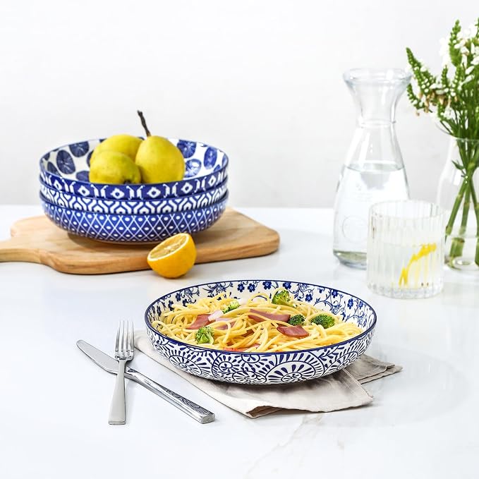 Selamica Ceramic Pasta Bowls Set of 4, 34 OZ Salad Bowls, 8.6 Inch Wide and Shallow Bowls, Microwave & Dishwasher Safe, Vintage Blue
