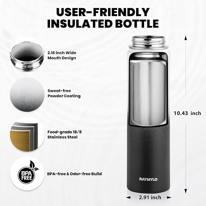 RAYMYLO Insulated Water Bottle 24 oz, Triple Wall Vacuum Stainless Steel (Cold for 24Hrs, Hot for 12Hrs), Leak Proof & Non-BPA, Modern Water Flask Jug with Paracord Handle & Straw Spout Lids