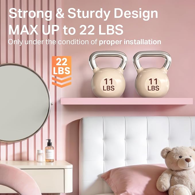 BAYKA Pink Floating Shelves for Wall Set of 3, 15.7in Wood Wall Shelves for Bathroom, Bedroom, Living Room Decor Organize, Hanging Shelf for Books/Storage/Display with 22lbs Capacity