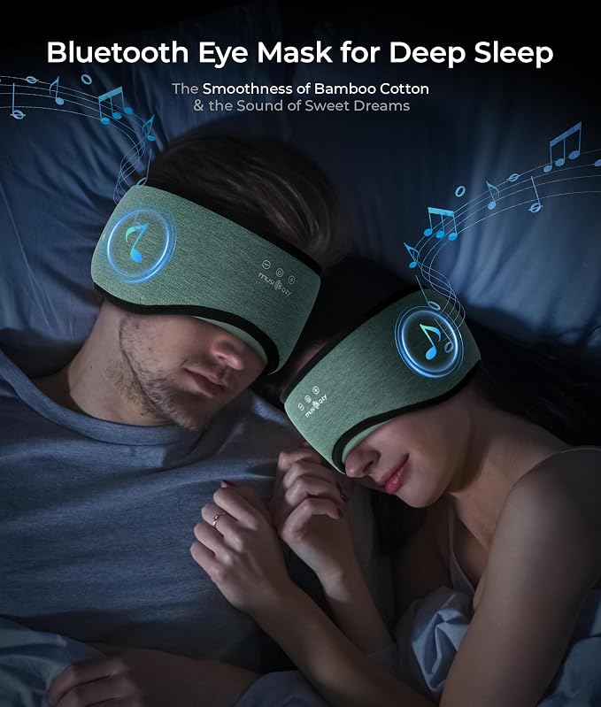 MUSICOZY Sleep Mask with Bluetooth Headphones, Bamboo Cotton Extended Sleep Headphones for Side Sleepers, Bluetooth Eye Mask for Sleeping, Wireless Earphones with HD Stereo Speakers (Dark Green)