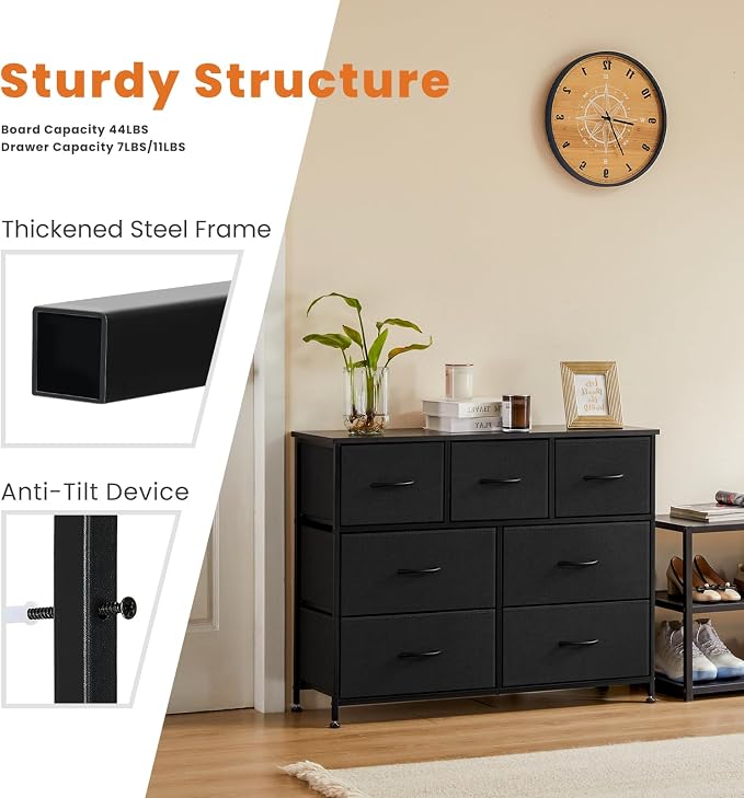 Sweetcrispy 7 Drawer Dresser Storage Organizer with Fabric Bins, Black | Sturdy Steel Frame and Wood Top, Easy Pull Handles, for Bedroom Closet Hallway Entryway