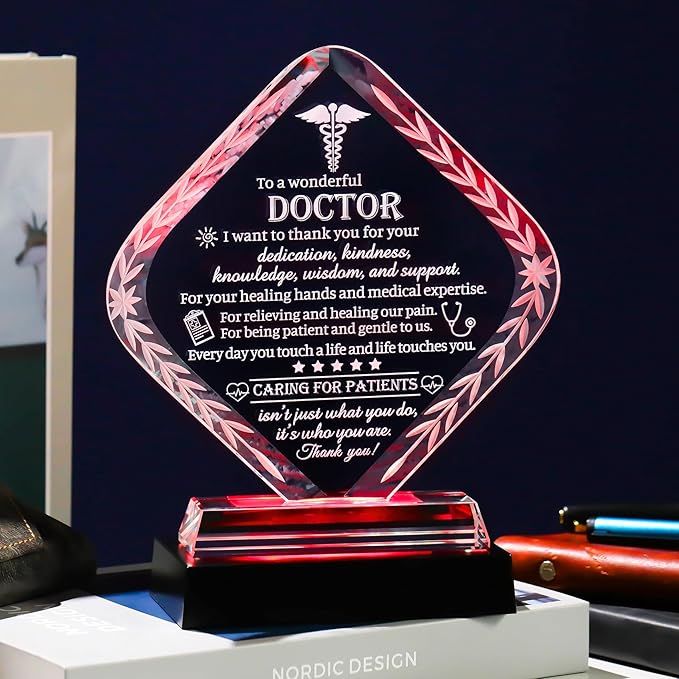 Movdyka Thank You Doctor Gifts for Women Men Crystal Keepsakes with Colorful Light Base Doctor Appreciation Gifts for Famale Male Best Doctors Day Retirement Birthday Plaque Decor