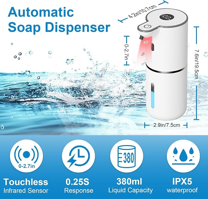 OHIFAST Automatic Foaming Soap Dispenser Touchless, USB Rechargeable Smart Hand Soap Dispenser, 6-Level Adjustable, 12.8oz/380mL Wall Mounted for Bathroom Kitchen Dish Soap-White