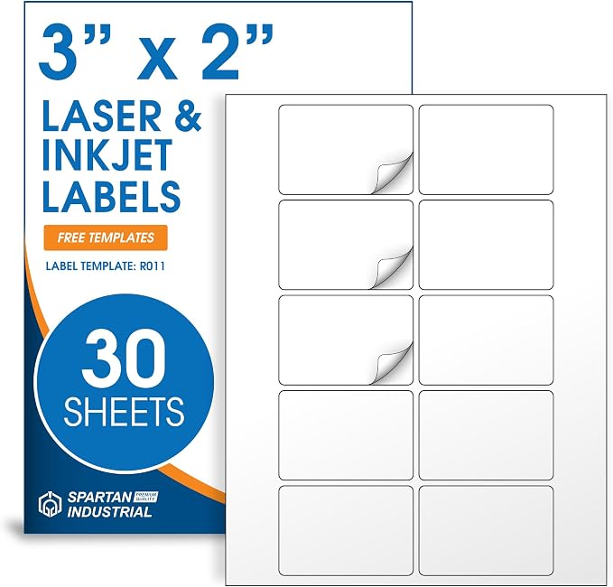 3" X 2" Matte White Printable Shipping Labels (30 Sheets, 300 Stickers) Mailing and Address Labels, Product Packaging Stickers for Laser & Inkjet Printers - Spartan Industrial Template R011