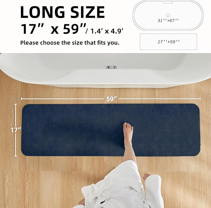 TYUU Bathroom Mat Quick Dry, Bathroom Rugs Non Slip Washable Thin Absorbent Bath Mat Fits Under Door Bathroom Floor Mat Perfect for Bath, Shower, or Sink 17"x59" Navy Blue
