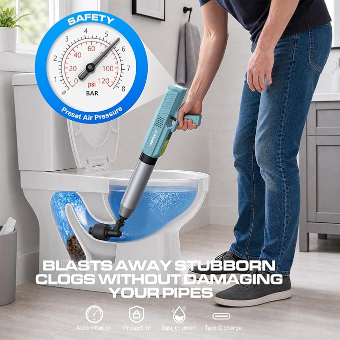 ‌Electric Toilet Plunger for Bathroom, High-Pressure Air Plunger, Heavy-Duty Clog Remover for Toilets, Toilet Drain Unclogger (Dusty Blue)