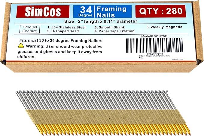 34-30 Degree 2 Inch Smooth Shank Paper Framing Nails,280-Pack | 304 Stainless Steel D Head Tape Strip Nails for 30 to 34 Degree Framing Nailer,Fits Indoor and Outdoor Building Projects