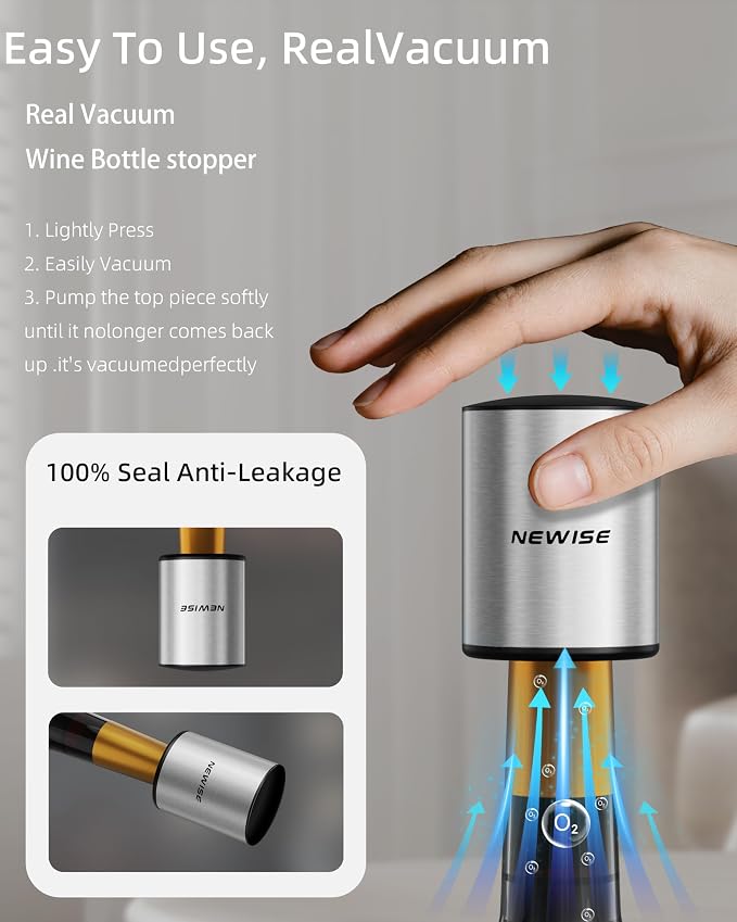 Newise Rechargeable Electric Wine Gift Set: Wine Opener, Aerator, Vacuum Stoppers & Foil Cutter - Wine Lovers Gifts for Women Men - Christmas & White Elephant Gifts