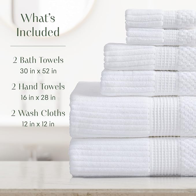 Springtree Home 100% Cotton Bath Towel Set | 6-Piece Set | Textured | White | Absorbent & Quick-Dry Bathroom Towels | Textured and Durable Cotton Towels for Bathroom | OEKO-TEX | Krista Collection