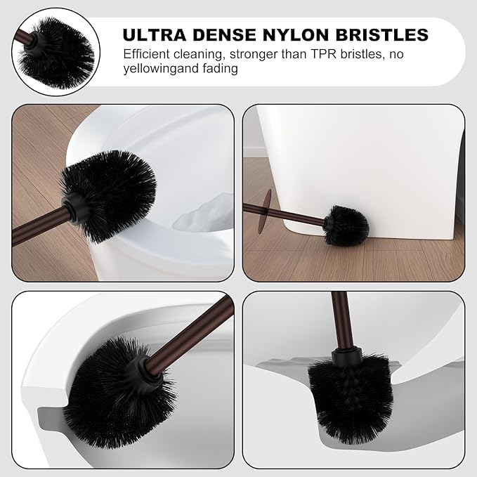 Bronze Toilet Brush and Holder Set，Stainless Steel Heavy Duty Toilet Bowl Brush，Extra Long Handled Modern Toilet Cleaner Brush with Replaceable Head, Removable Inner Bowl, and Splash Protection