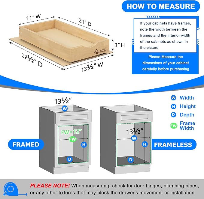 WelFurGeer Soft Close Pull Out Drawers for Cabinets, 11" W x 21" D Pull Out Cabinet Drawer with Heavy Duty Slides, Pull Out Cabinet Organizer, Cabinets Roll Out Drawers, Pull-Out Home Organizers