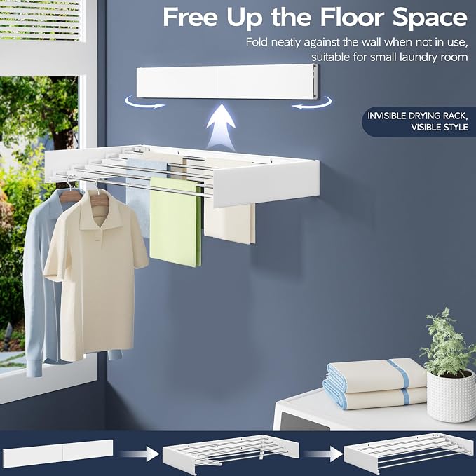 Vikaqi Wall Mounted Foldable Clothes Drying Rack, 31.5-Inch Wide, 5 Stainless Steel Rods, Space-Saving Laundry Drying Rack with Wall Template, White