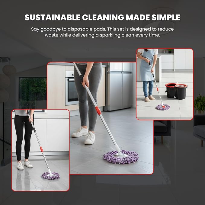 Spin Mop & Bucket Set with 2 Microfiber Mop Heads – Durable Stainless Steel & ABS Build – Black Red, Blue, Purple Colors – Bucket with 90–120cm Telescopic Handle