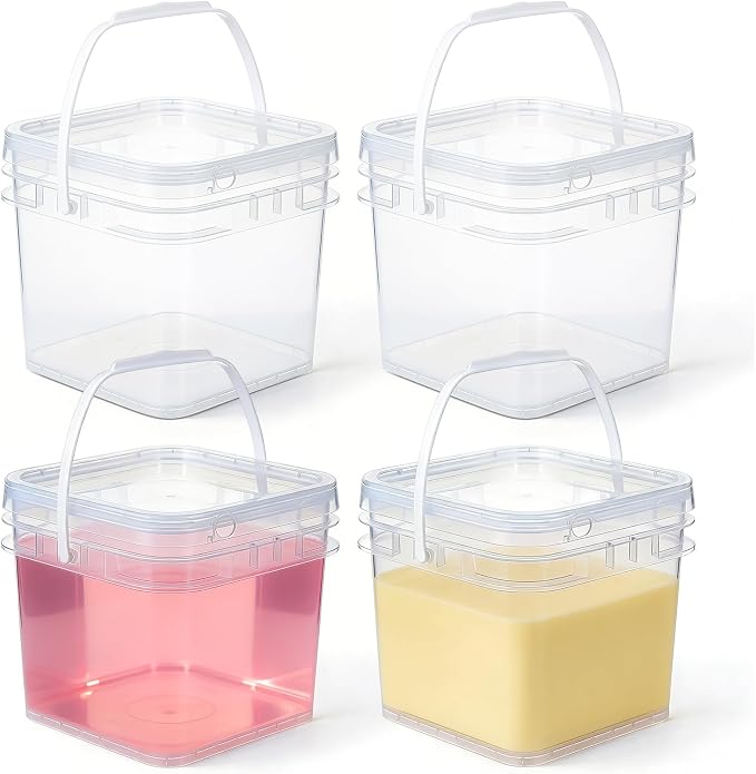 Food Storage Buckets with Lids - 4 Set Square Clear Plastic Containers, Airtight Pressure Seal & Handle for Kitchen Freezer Prep (Clear, 0.8 gal)