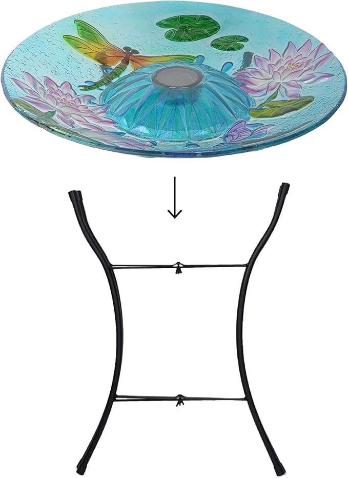 Teamson Home Handpainted Dragonfly Fusion Glass Solar Birdbath Bowl Feeder with LED Light for Outdoor Patio Garden Backyard Decking Decor, 21 Inch Height, Light Blue