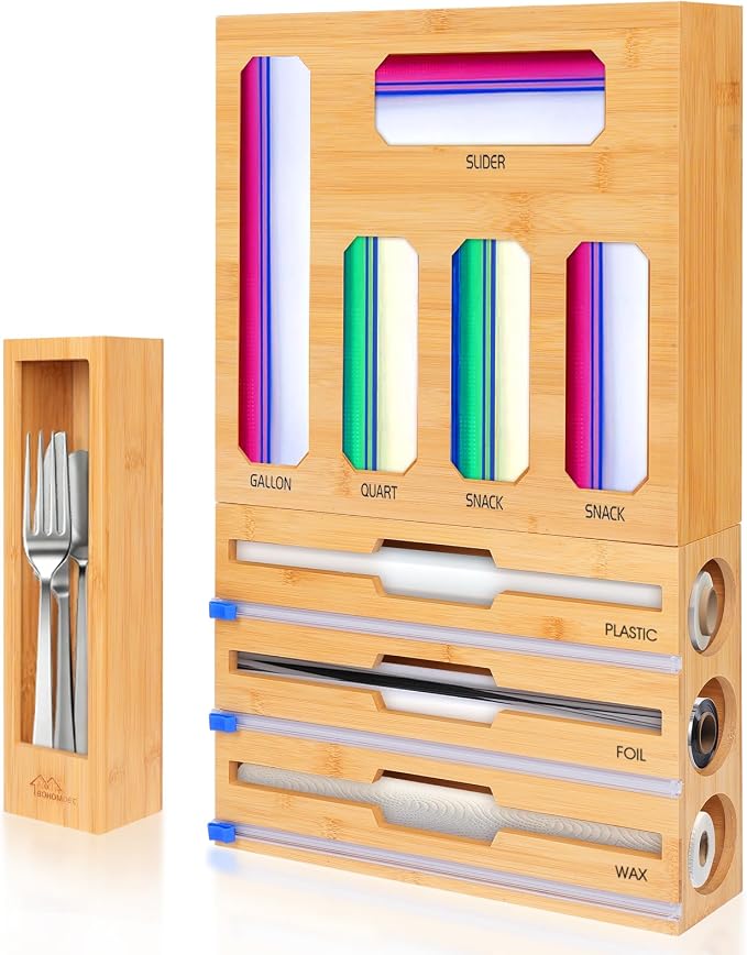 Bamboo Ziplock Bag Organizer for Kitchen Drawer & Wall Mount, Food Storage Baggie Holder, Fits Gallon Quart Sandwich Snack Freezer & Slider Bags, No Assembly, 9 in 1,Natural Color