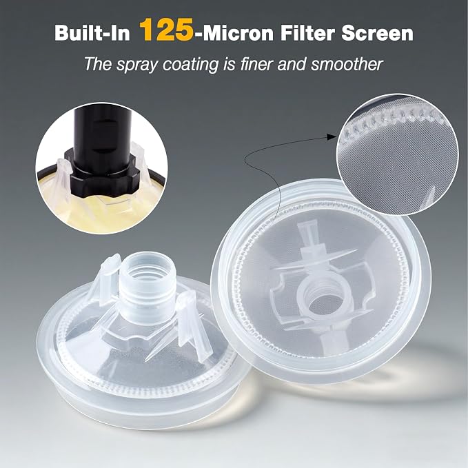 Disposable Paint Cups 6 Ounce Kit - 50 Pack Liners & 125-Micron Lids | 2 Adapters, 2 Paint Gun Cups with Retainer Ring, 20 Plugs, 1 Paint Stirrer, 1 PTFE Tape for Hvlp/Lvlp Spray Gun