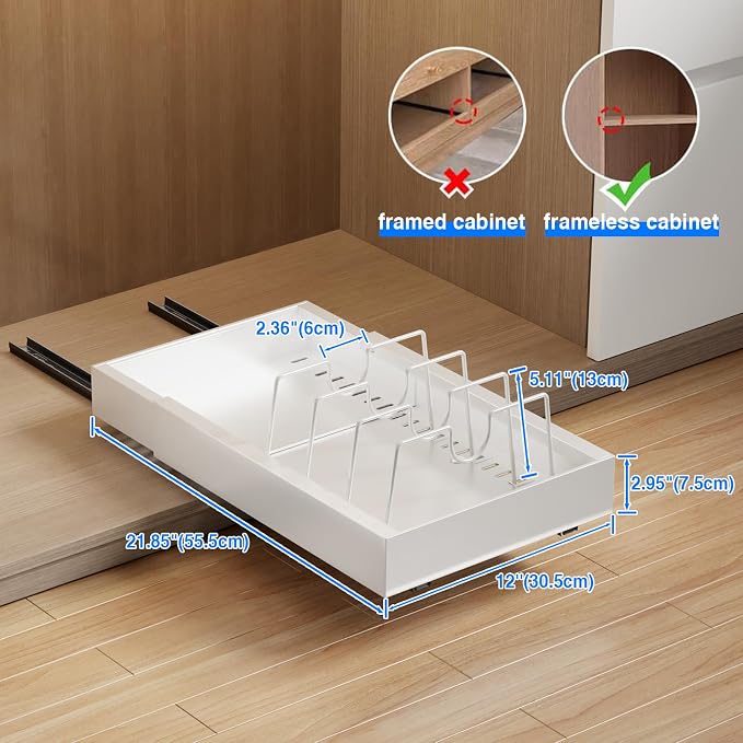 Mustorn 2 Pack Pull Out Cabinet Organizer with 8 Dividers,21.8" Deep Slide Out Drawers for Cabinets Adhesive Pull Out Drawers Heavy Duty Pull Out Shelves for Kitchen, Cupboard, Pantry, Bathroom-White