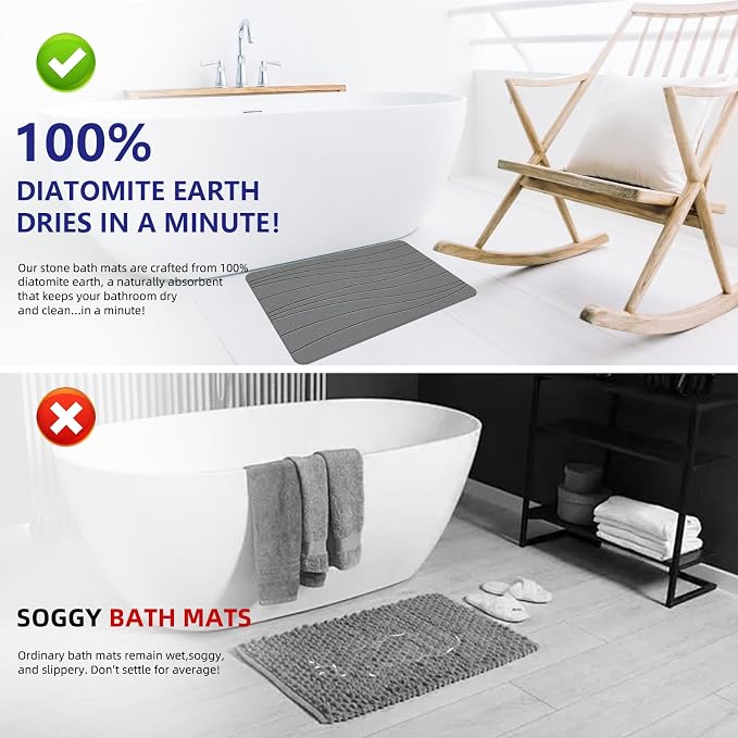 Fast Drying Stone Bath Mats for Bathroom, Non-Slip Diatomaceous Earth Bath Mat, Super Absorbent Bath Mat Stone (23.6''×15.4" Dark Gray Flow)