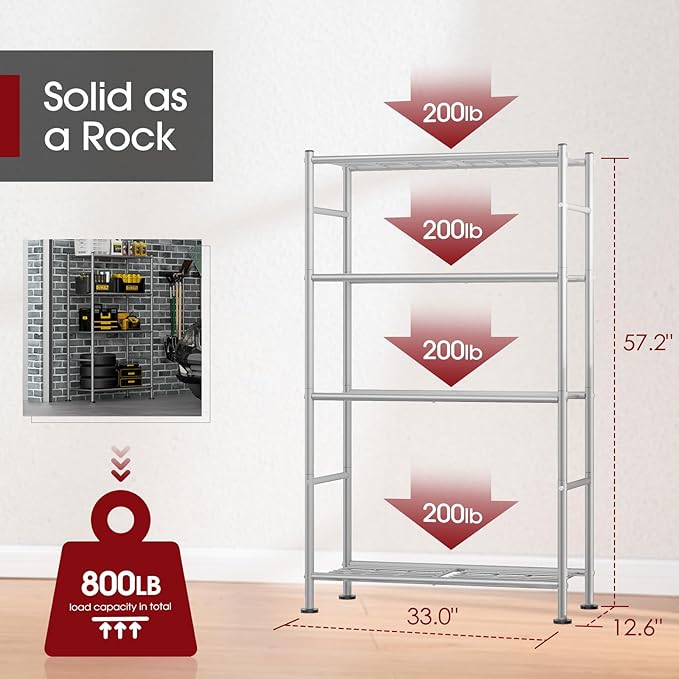 Sakugi Storage Shelves - 4 Tier Shelf Organizer, Heavy Duty Garage Shelving Unit with Leveling Feet, Stable Metal Shelves Organizer for Pantry, Kitchen and Closet, 33.0" W x 12.6" D x 57.2" H, Silver