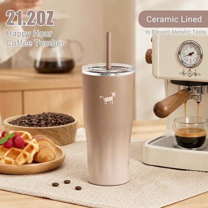 CHEERFUL GOAT Ceramic Lined Coffee Travel Mug – Stainless Steel Travel Coffee Tumbler with Ceramic Liner, with lid, 21 OZ Cup for Hot and Cold Water Coffee at Home, Office, or On the Go (Latte Ombre)