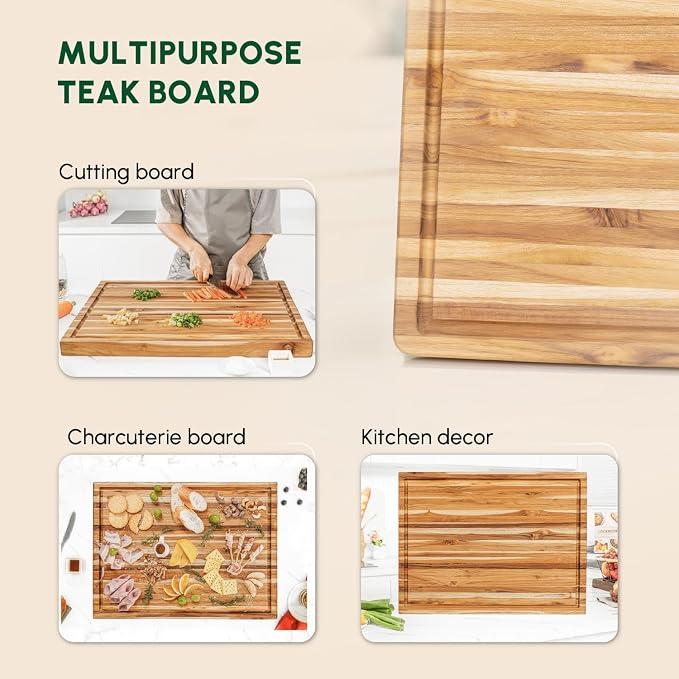 Large Teak Wood Cutting Board with Juice Groove (24x18x1.5", XL) | Durable extra large wooden cutting board for kitchen, butcher block, serving board, charcuterie platter. Gift box included