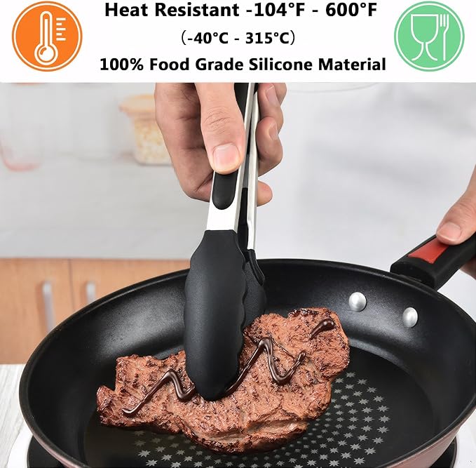 Kitchen Silicone Tongs for Cooking with Nonslip Silicone Tips, 600°F Heat Resistant Cooking Food Tong Set Heavy Duty Stainless Steel Handle for Baking Grilling Serving, 3 Pack (7" & 9" & 12")