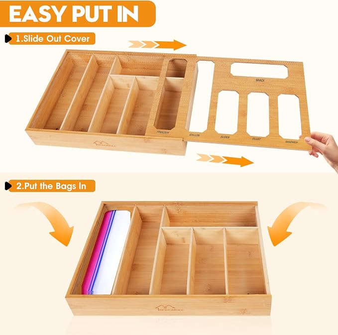 Bamboo Ziplock Bag Organizer for Kitchen Drawer & Wall Mount, Food Storage Baggie Holder, Fits Gallon Quart Sandwich Snack Freezer & Slider Bags, No Assembly, 6 in 1,Natural Color