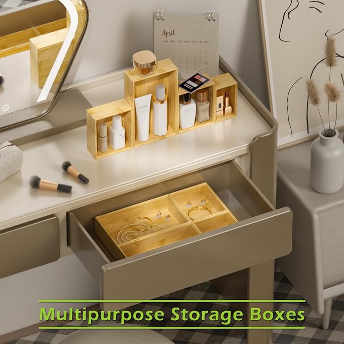 Bathroom Drawer Organizer Trays, Bamboo Silverware Drawer Organizer Kitchen Utensils, 8 PCS Wood Box Stackable Bins for Makeup, Office Desk, Vanity, Junk Drawer