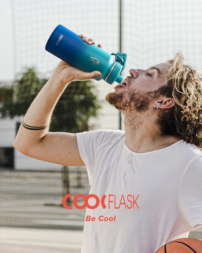Coolflask Water Bottle 32 oz Insulated with Straw, Stainless Steel Metal 3 Lids Water Flask Wide Mouth for Sports or Office, Non-BPA Keep Cold Up to 48 Hrs or Hot Up to 24 Hrs, Indigo Blue