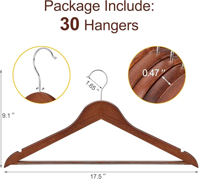 TOPIA HANGER Walnut Wooden Hangers 30 Pack, Wood Clothes Hangers, Durable Coat Hanger with 360-Degree Rotatable Hook, Non-Slip Pants Bar and Shoulder Notches for Camisole Tops - CT34WA30