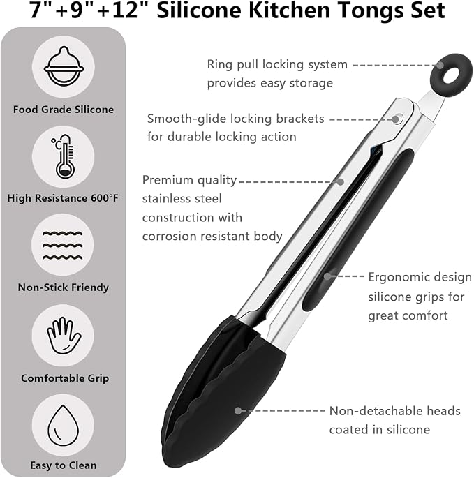 Kitchen Silicone Tongs for Cooking with Nonslip Silicone Tips, 600°F Heat Resistant Cooking Food Tong Set Heavy Duty Stainless Steel Handle for Baking Grilling Serving, 3 Pack (7" & 9" & 12")