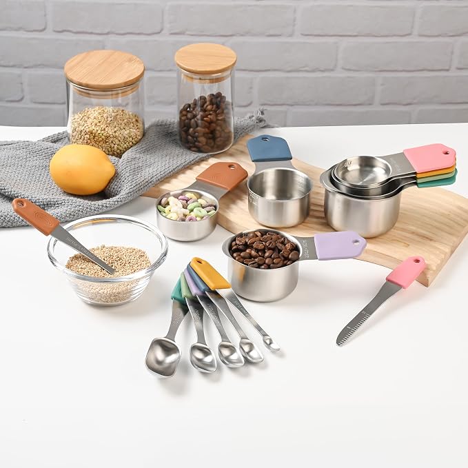 Magnetic Measuring Cups & Spoons Set 14, Heavy Duty Stainless Steel Measuring Cups and Spoons Set for Baking & Cooking, BPA Free, Round Measuring Set with Leveler, Color